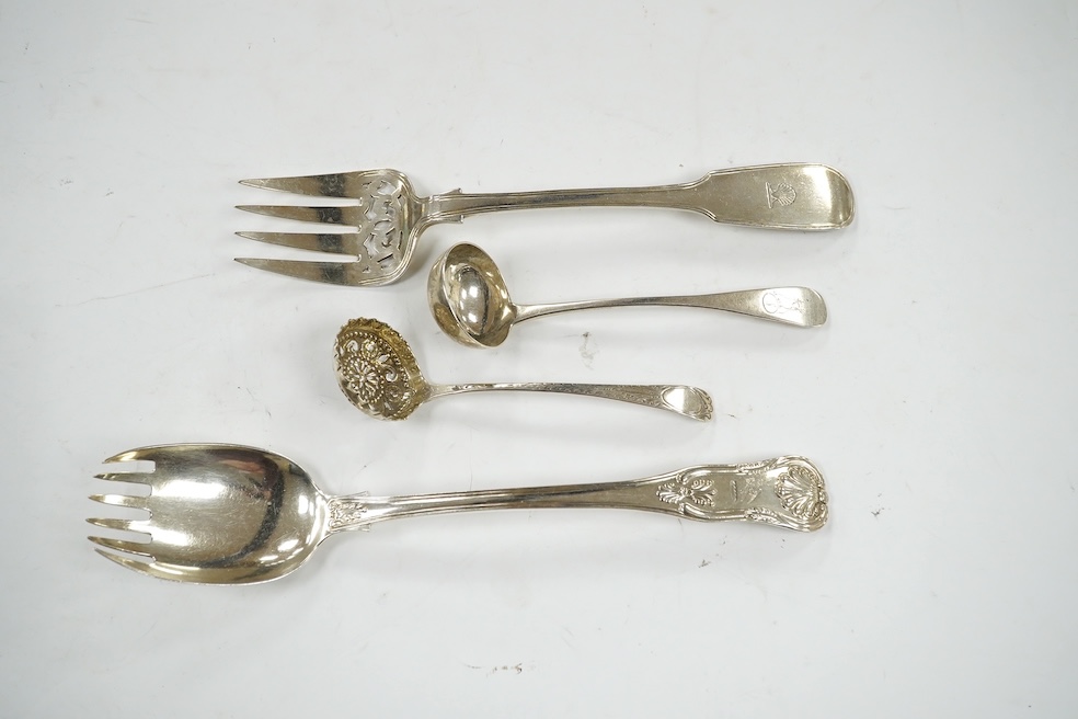 Thirteen items of mainly 19th century silver flatware including servers, sifter spoon, toddy ladles, spoon/marrow scoop, etc. various dates and makers, 28.7oz. Condition - fair